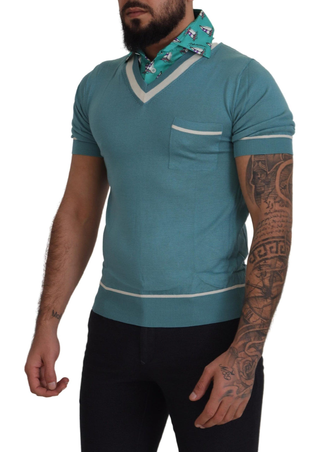 Dolce &amp; Gabbana Blue Silk Polo Top Mens V-neck  T-shirt