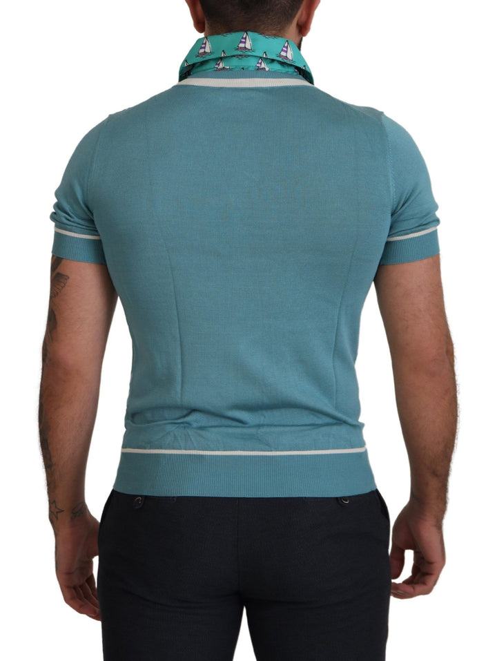 Dolce &amp; Gabbana Blue Silk Polo Top Mens V-neck  T-shirt
