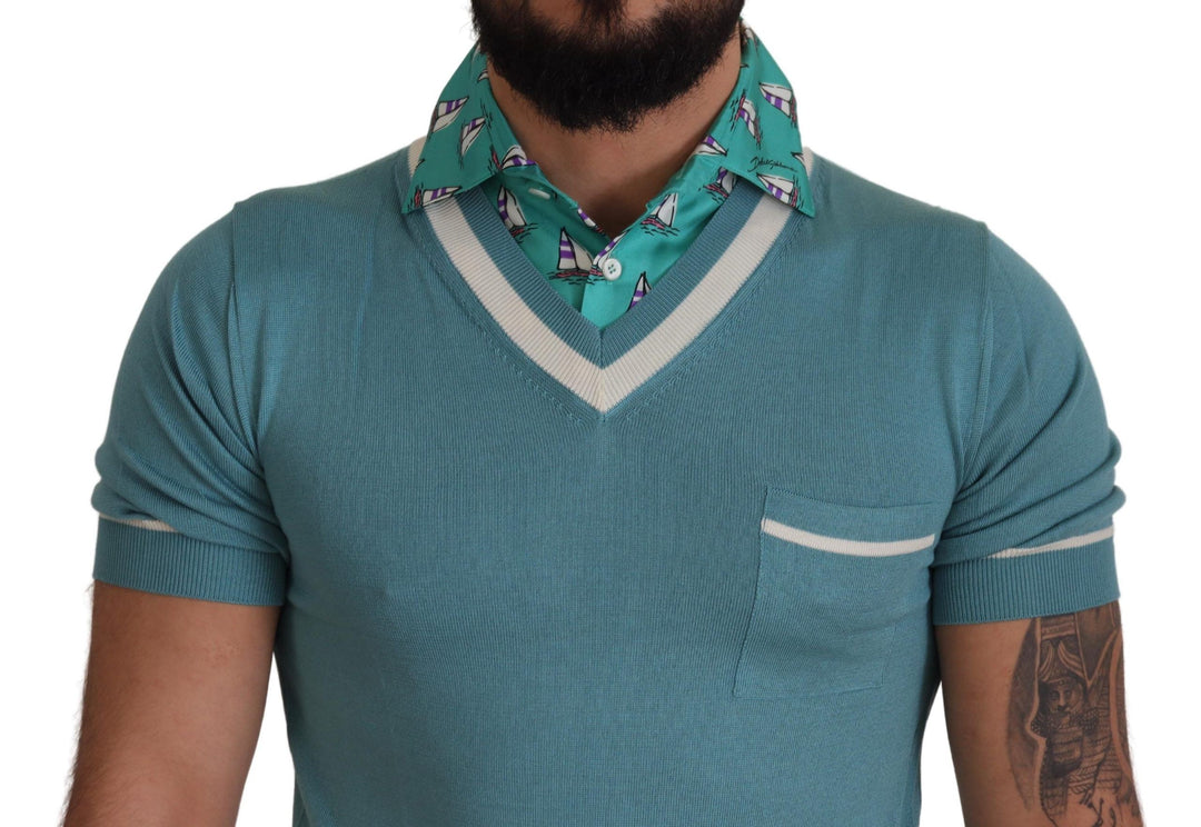 Dolce &amp; Gabbana Blue Silk Polo Top Mens V-neck  T-shirt