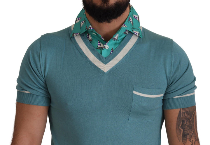 Dolce &amp; Gabbana Blue Silk Polo Top Mens V-neck  T-shirt
