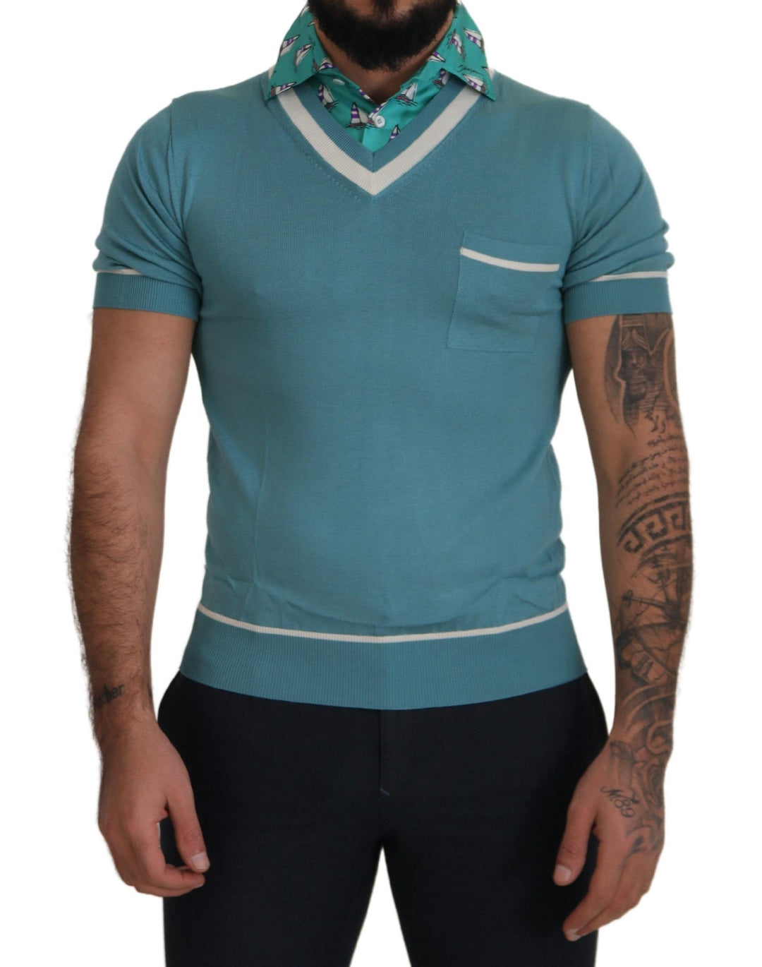 Dolce &amp; Gabbana Blue Silk Polo Top Mens V-neck  T-shirt