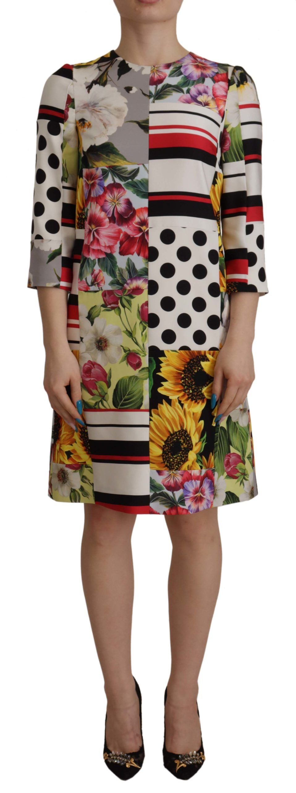 Dolce &amp; Gabbana Multicolor Charmeuse Floral Sheath Jaquard Pachwork Dress women’s dress