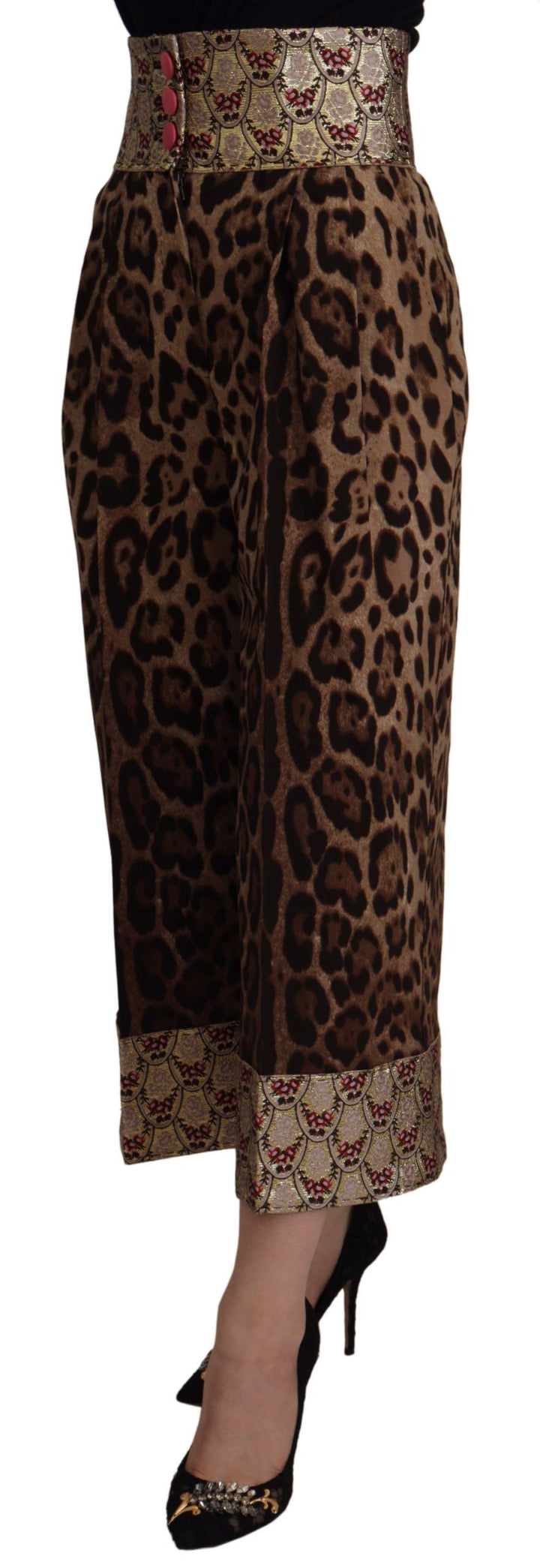 Dolce &amp; Gabbana Brown Leopard Gold Jacquard High Waist Pants