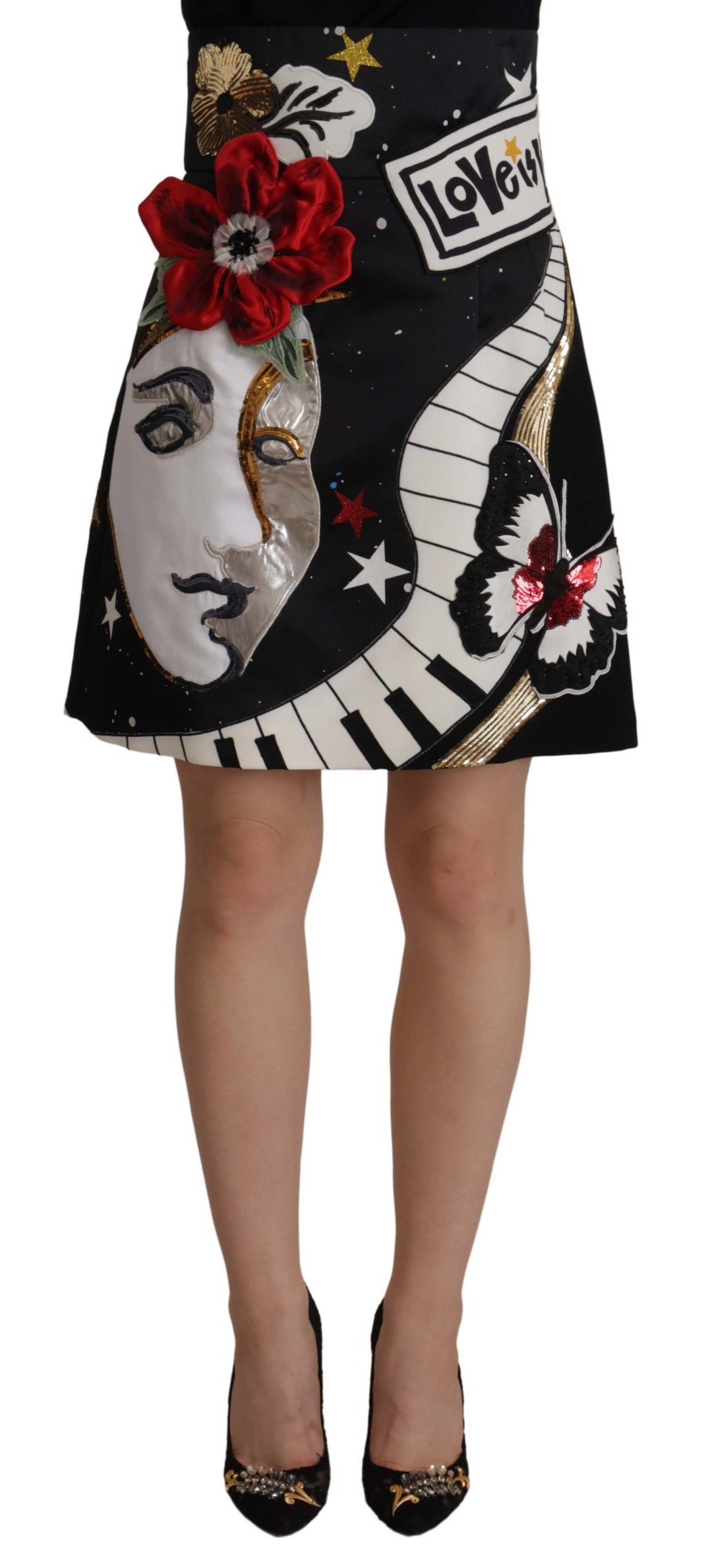 Dolce &amp; Gabbana Black Love Clock Sequined Piano Skirt