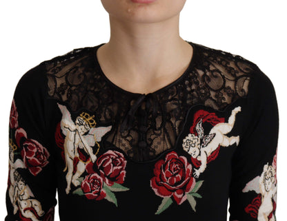 Dolce & Gabbana Black Lace Angel Roses Cardigan Sweater