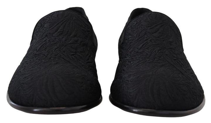 Dolce &amp; Gabbana Black Floral Jacquard Slippers Loafers Shoes