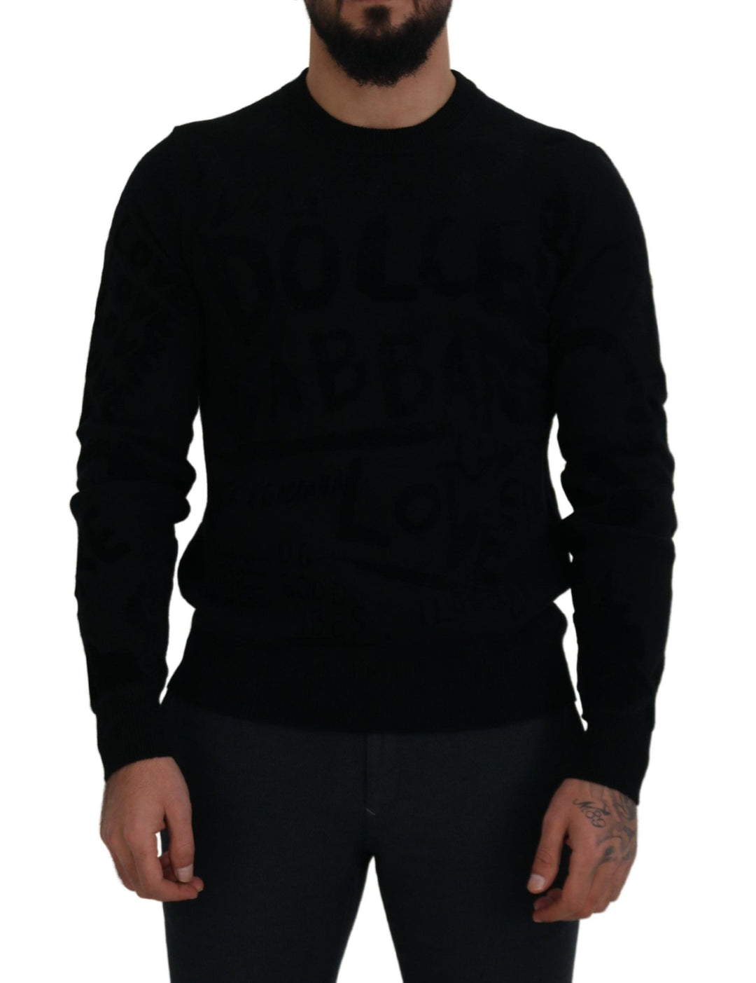 Dolce &amp; Gabbana Black Wool Logo Pattern Crewneck Pullover Sweater