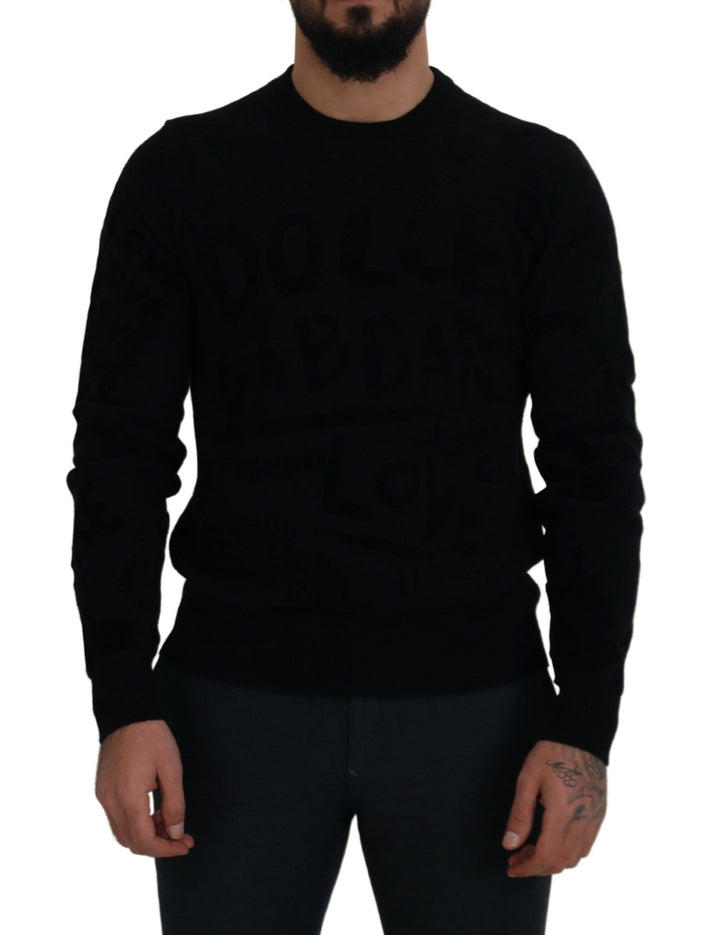 Dolce &amp; Gabbana Black Wool Logo Pattern Crewneck Pullover Sweater