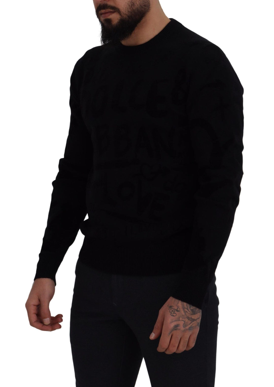 Dolce &amp; Gabbana Black Wool Logo Pattern Crewneck Pullover Sweater