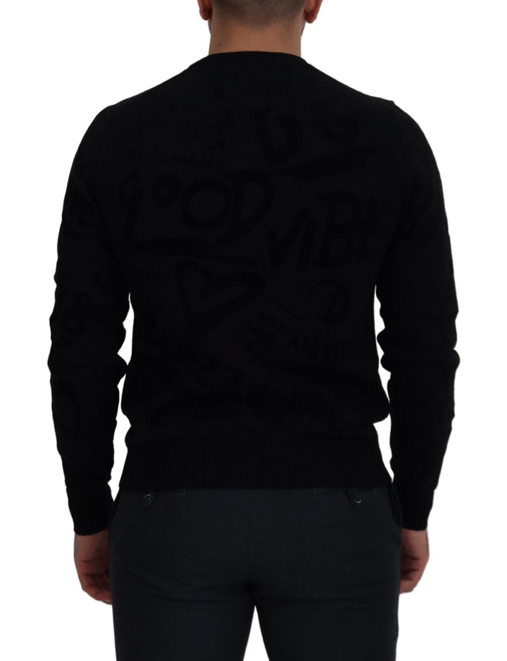 Dolce &amp; Gabbana Black Wool Logo Pattern Crewneck Pullover Sweater