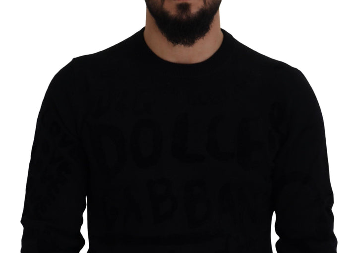 Dolce &amp; Gabbana Black Wool Logo Pattern Crewneck Pullover Sweater