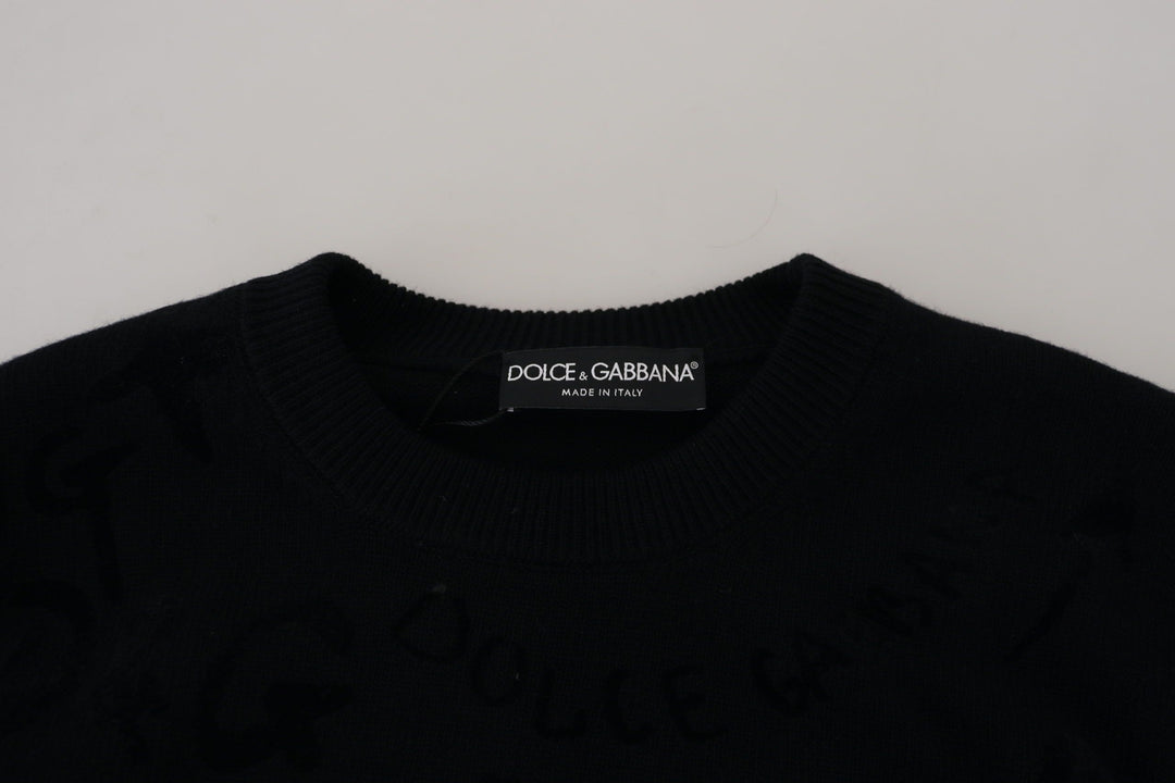 Dolce &amp; Gabbana Black Wool Logo Pattern Crewneck Pullover Sweater