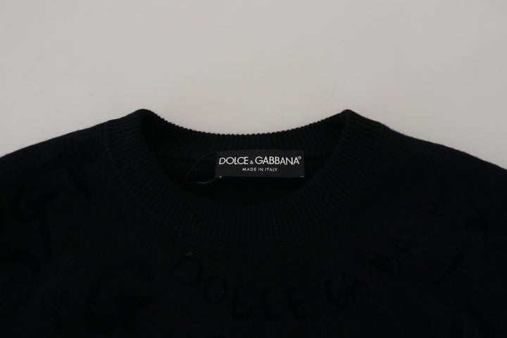 Dolce &amp; Gabbana Black Wool Logo Pattern Crewneck Pullover Sweater