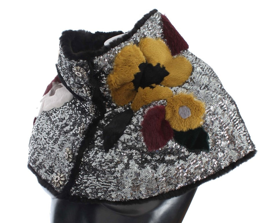 Dolce &amp; Gabbana Silver Sequined Floral Weasel Fur Shoulder Scarf Wrap