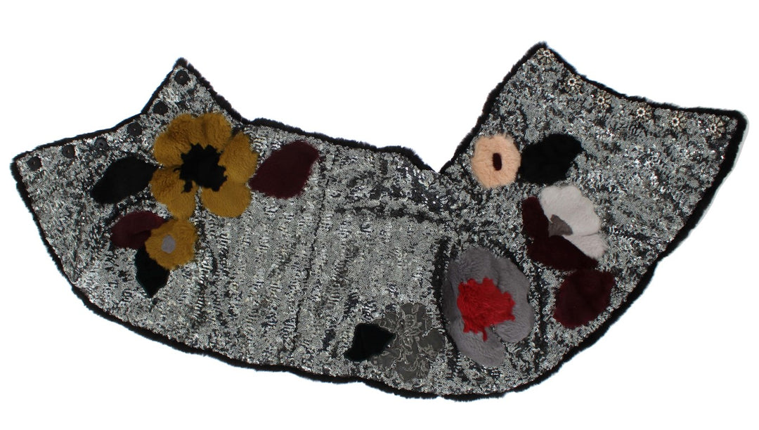 Dolce &amp; Gabbana Silver Sequined Floral Weasel Fur Shoulder Scarf Wrap