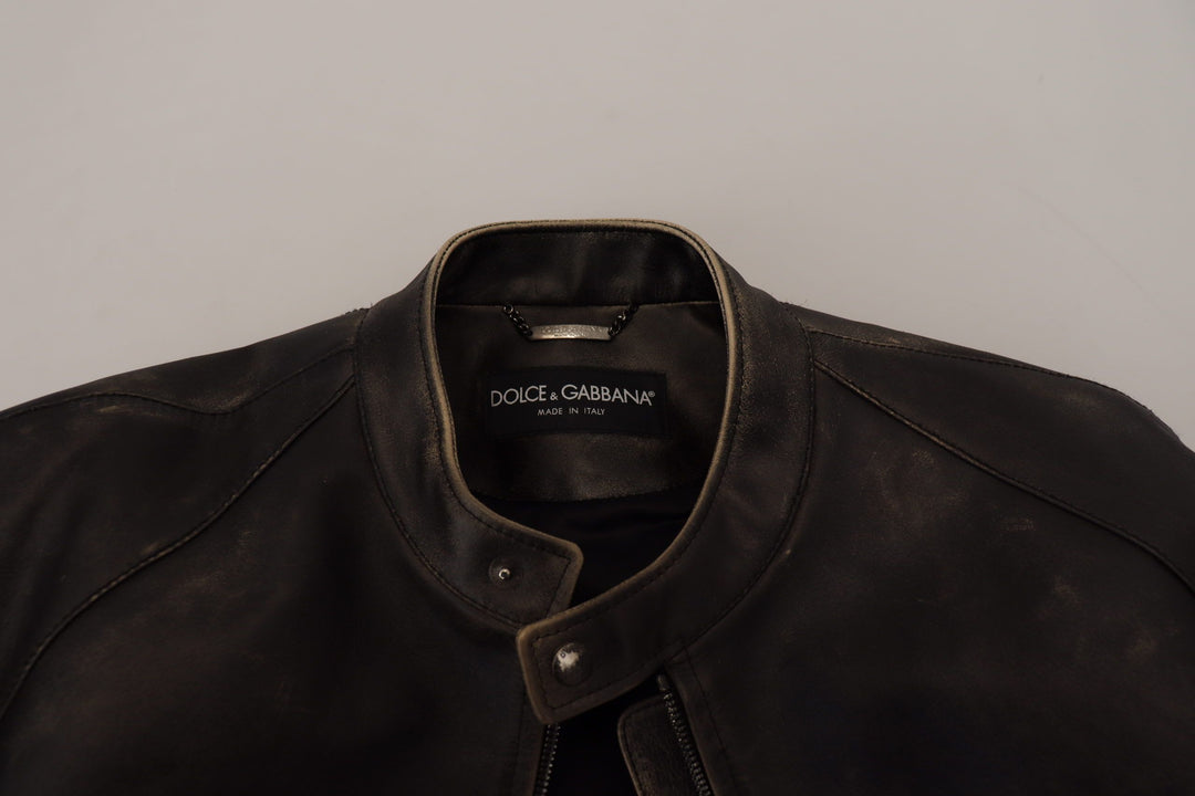 Dolce &amp; Gabbana Black Leather Zipper Biker Coat Jacket