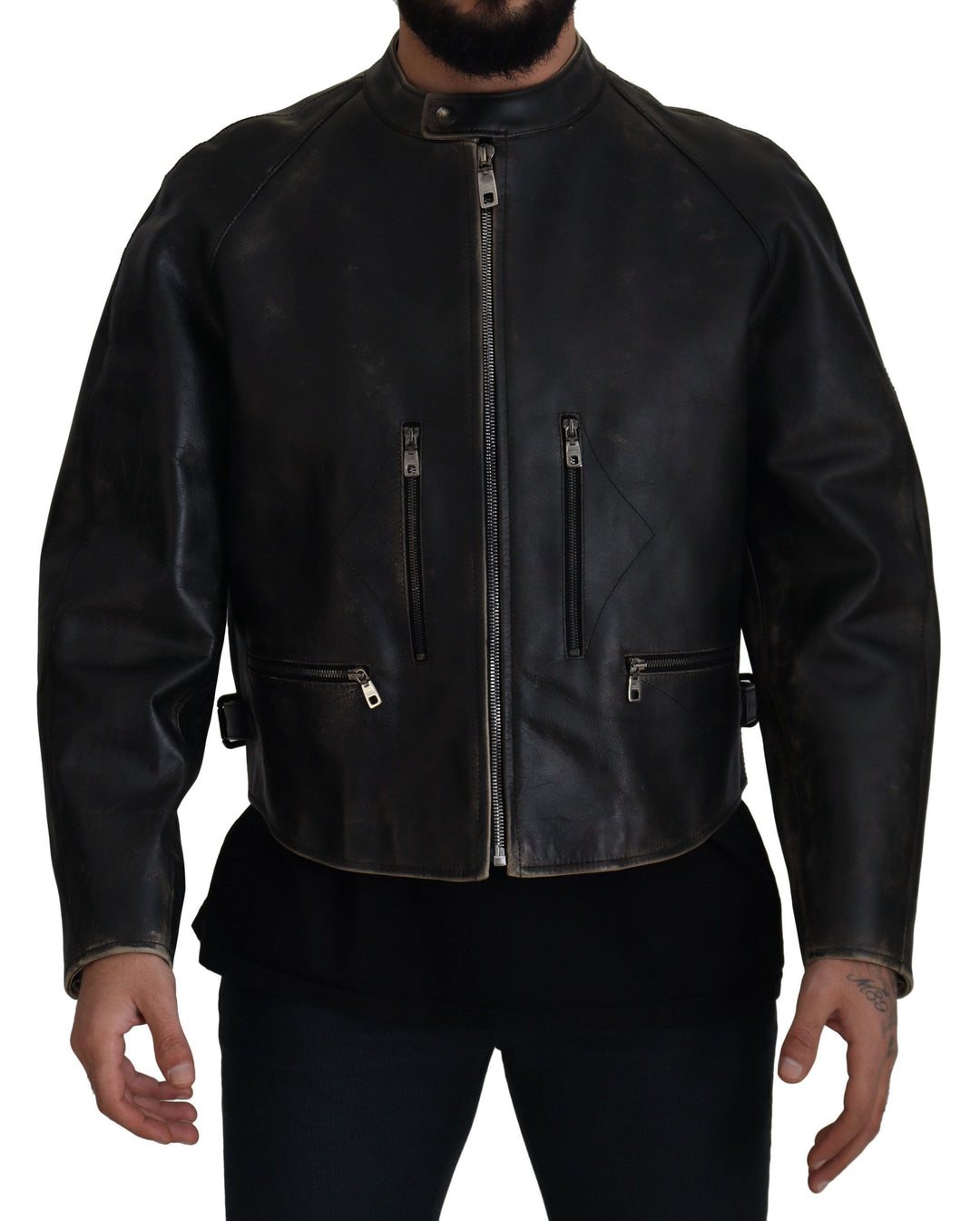 Dolce &amp; Gabbana Black Leather Zipper Biker Coat Jacket