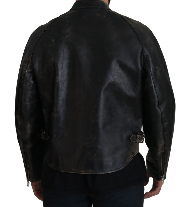 Dolce &amp; Gabbana Black Leather Zipper Biker Coat Jacket