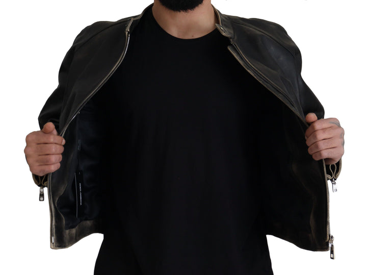 Dolce &amp; Gabbana Black Leather Zipper Biker Coat Jacket