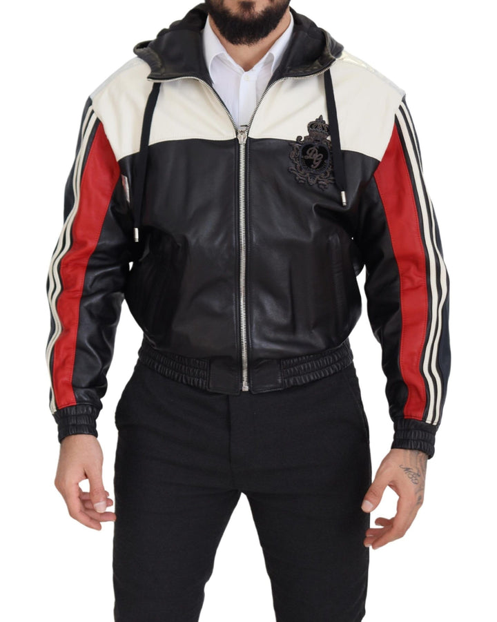 Dolce &amp; Gabbana Black Leather Hooded Blouson Coat Jacket