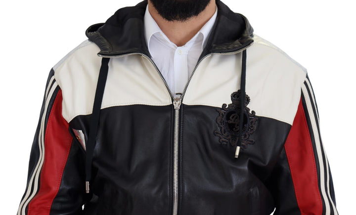 Dolce &amp; Gabbana Black Leather Hooded Blouson Coat Jacket