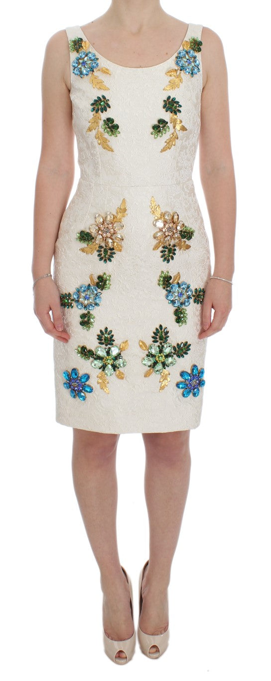 Dolce &amp; Gabbana White Brocade Crystal Sheath Dress women’s dress