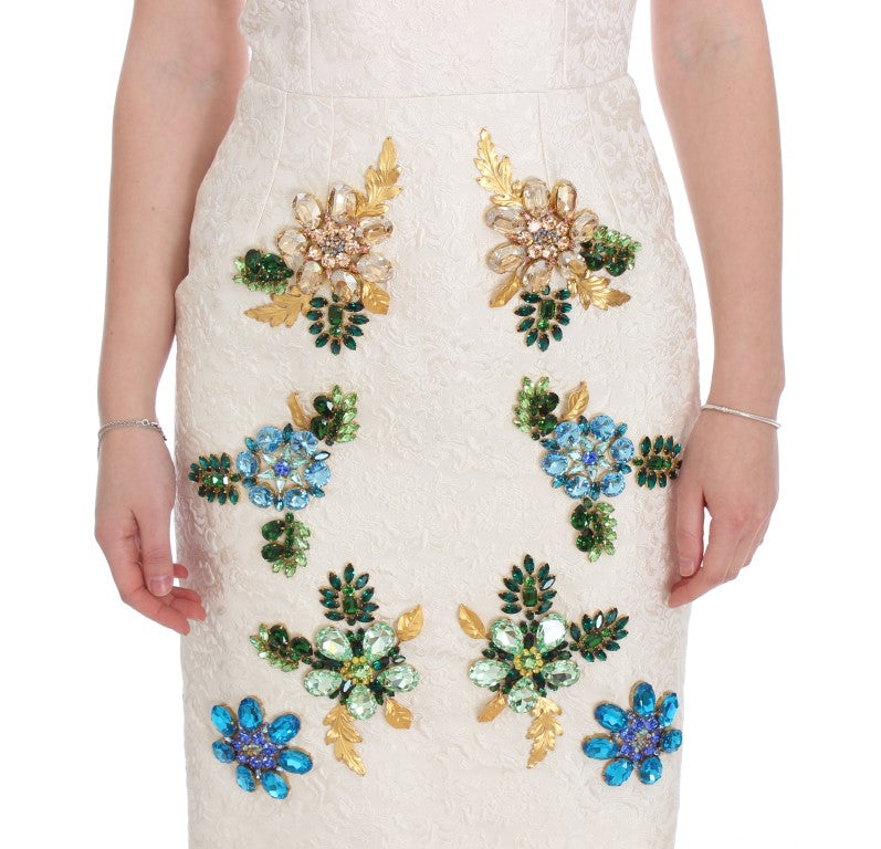 Dolce &amp; Gabbana White Brocade Crystal Sheath Dress women’s dress