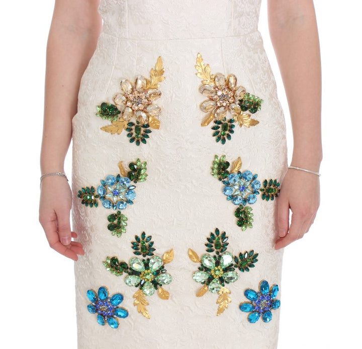 Dolce &amp; Gabbana White Brocade Crystal Sheath Dress women’s dress