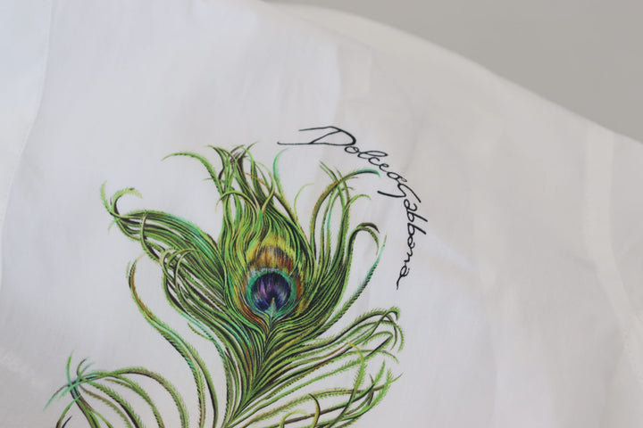 Dolce &amp; Gabbana White Cotton Peacock Feather Formal GOLD Shirt