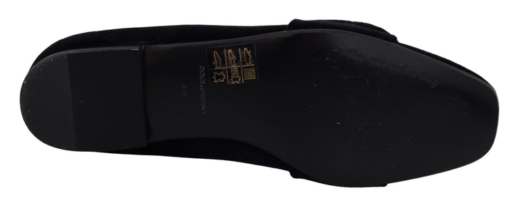 Dolce &amp; Gabbana Black Velvet Crystals Loafers Flats Shoes