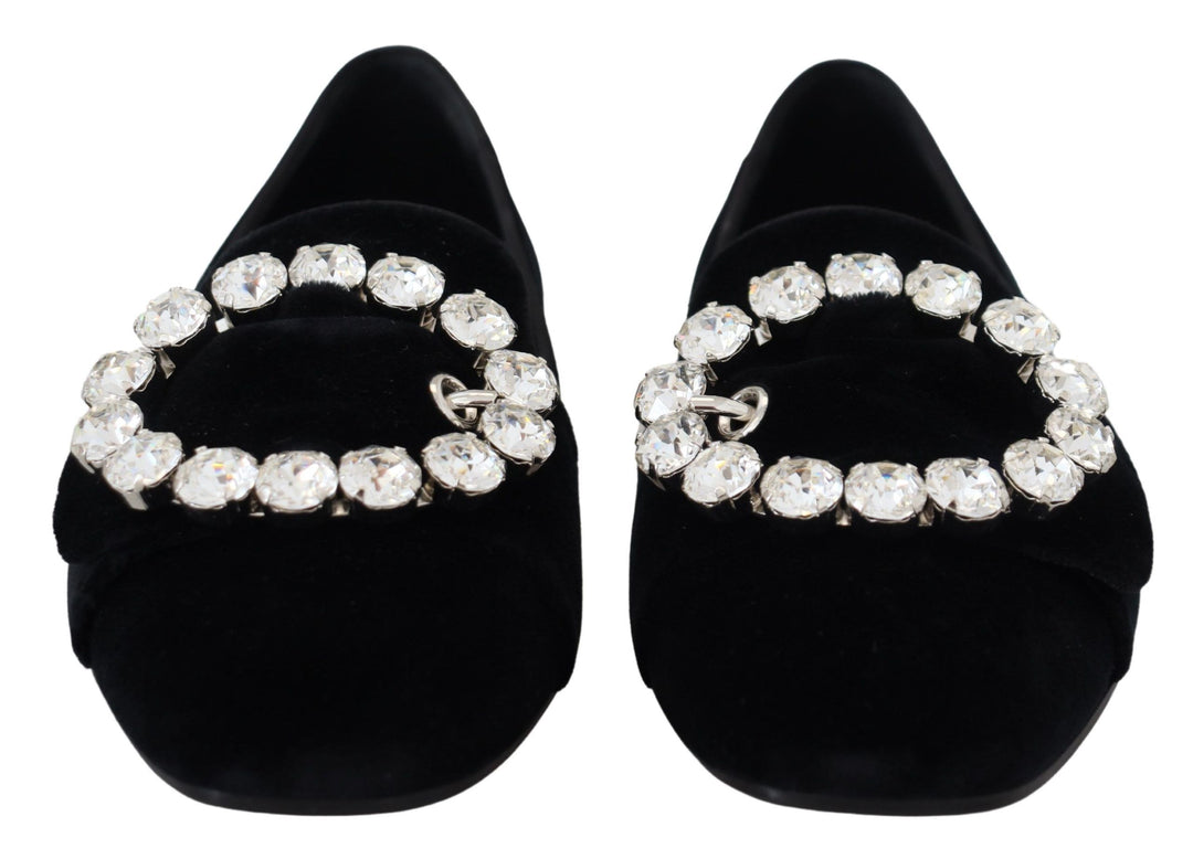 Dolce &amp; Gabbana Black Velvet Crystals Loafers Flats Shoes