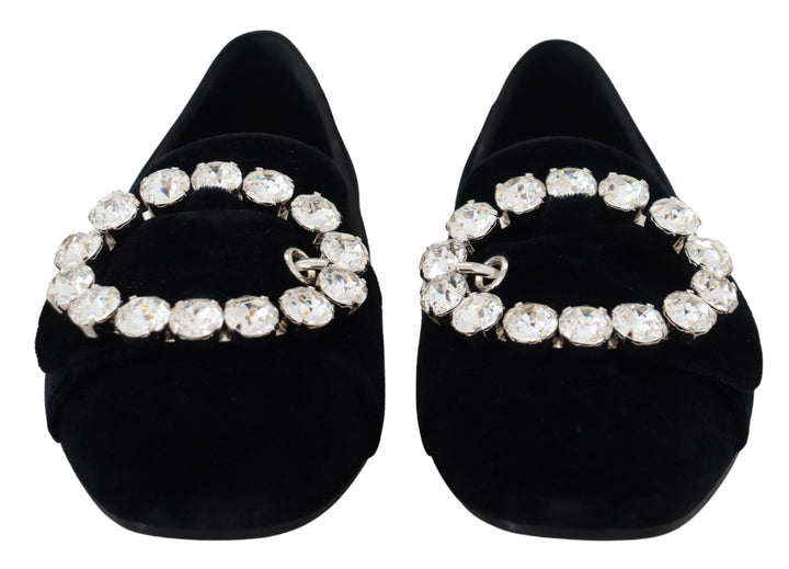Dolce &amp; Gabbana Black Velvet Crystals Loafers Flats Shoes