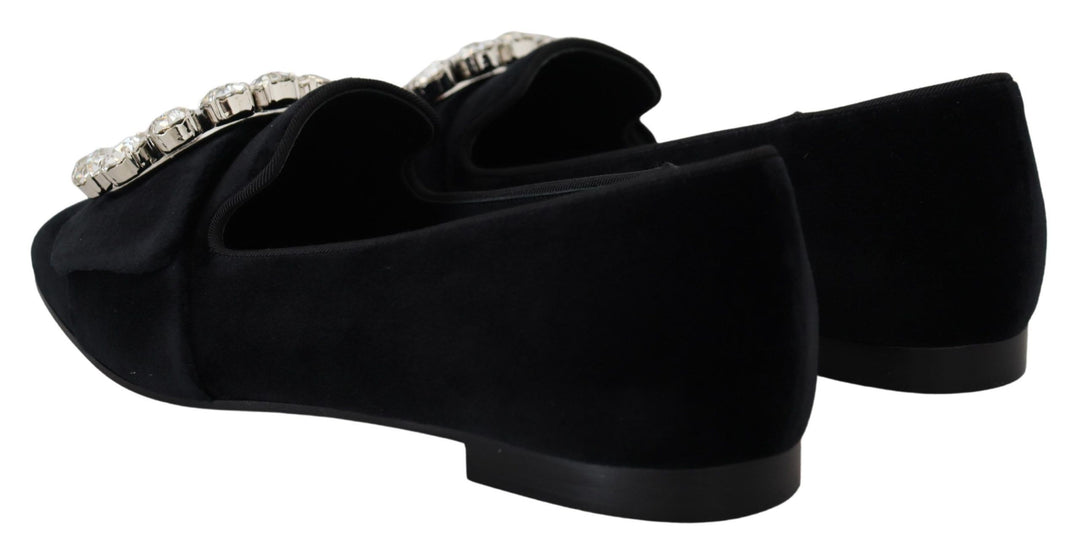Dolce &amp; Gabbana Black Velvet Crystals Loafers Flats Shoes