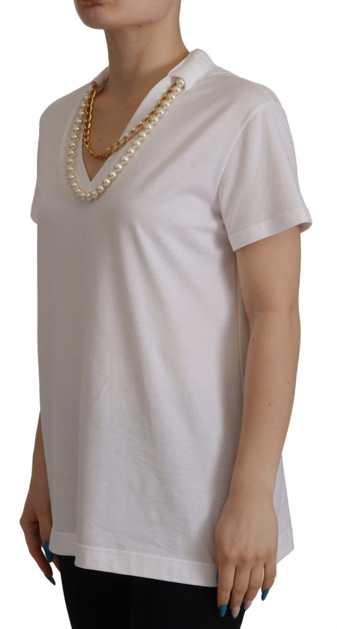 Dolce & Gabbana White Necklace Embellished Neckline T-shirt Top
