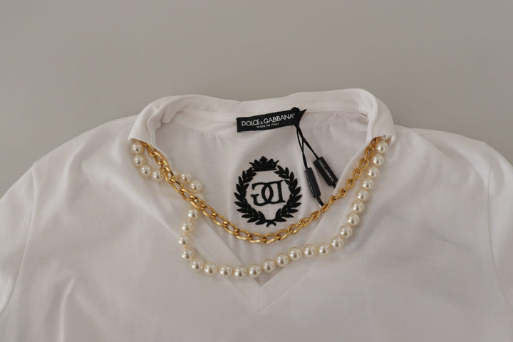Dolce & Gabbana White Necklace Embellished Neckline T-shirt Top