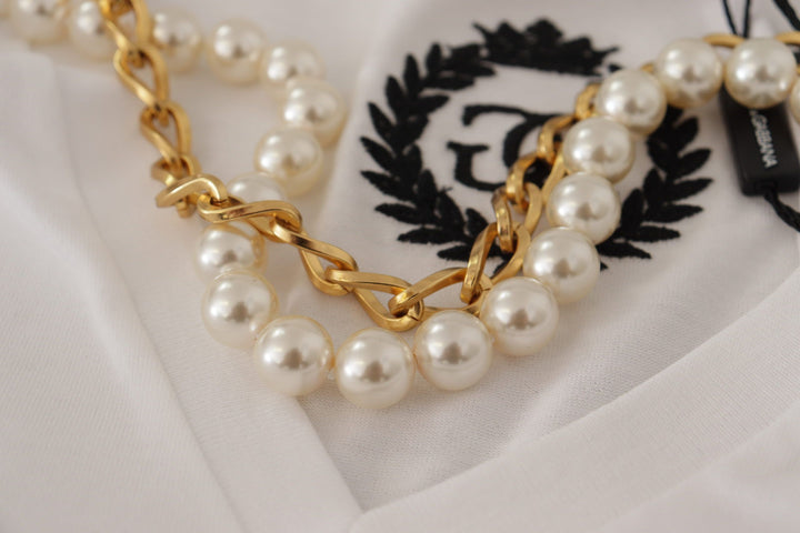 Dolce & Gabbana White Necklace Embellished Neckline T-shirt Top