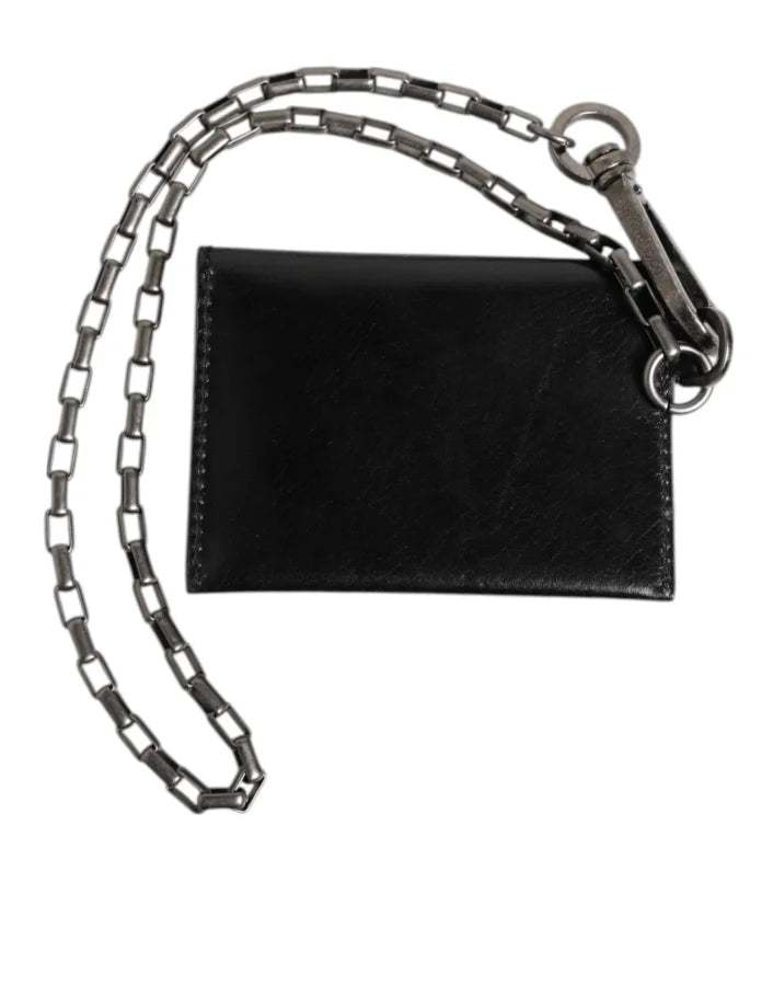 Dolce & Gabbana Black Cavallo Leather Wallet Chain Snap Bifold Card Holder