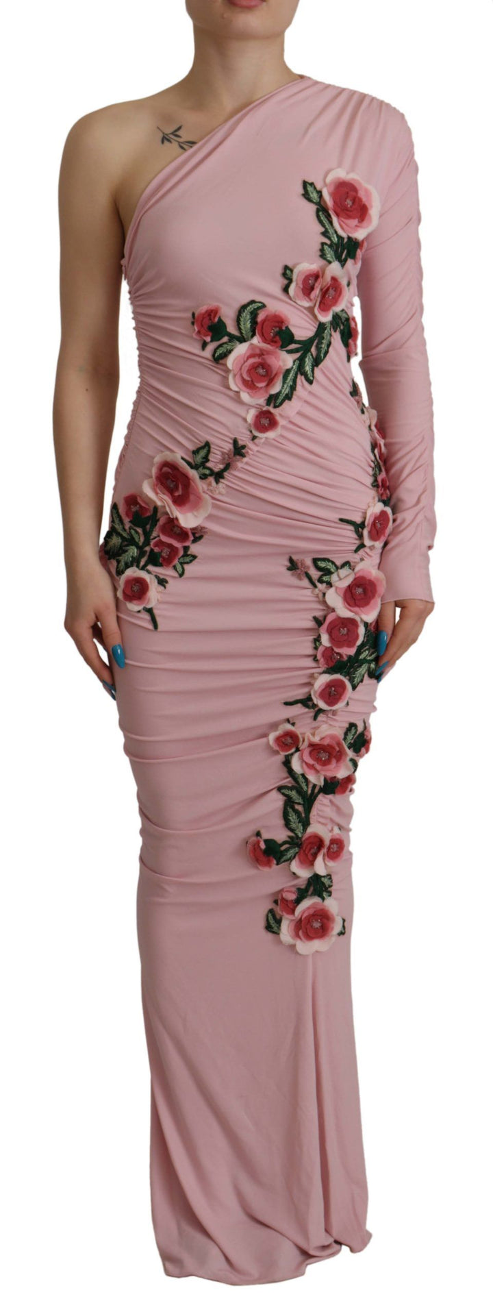 Dolce &amp; Gabbana Pink Flower Embellished One Shoulder Dress