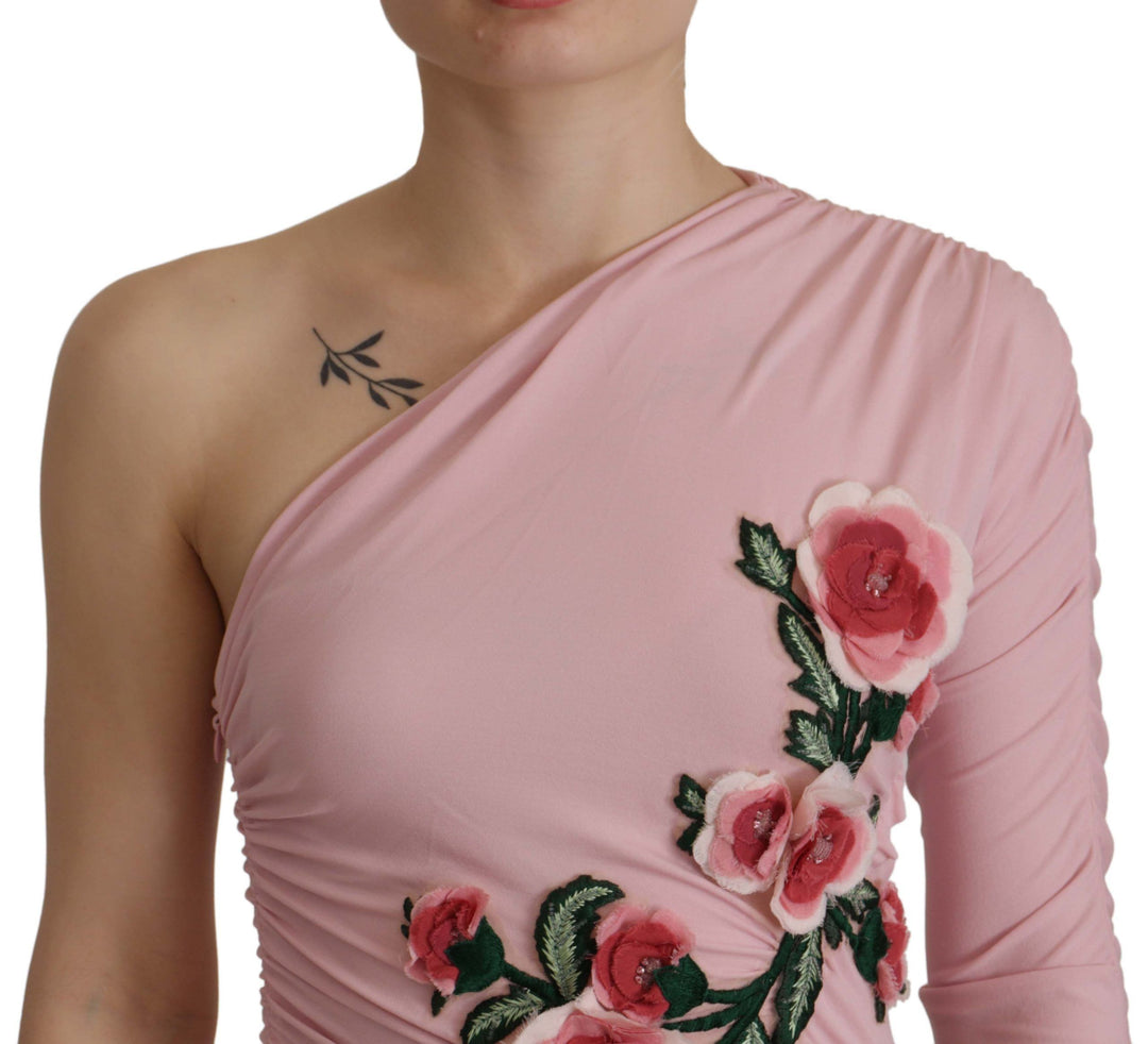 Dolce &amp; Gabbana Pink Flower Embellished One Shoulder Dress