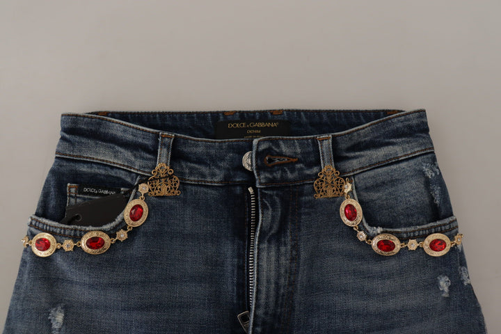 Dolce &amp; Gabbana Blue Denim Crystal Embellished Pants Jeans