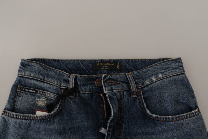 Dolce &amp; Gabbana Blue Denim Baroque Heart Logo Patch Pants Jeans