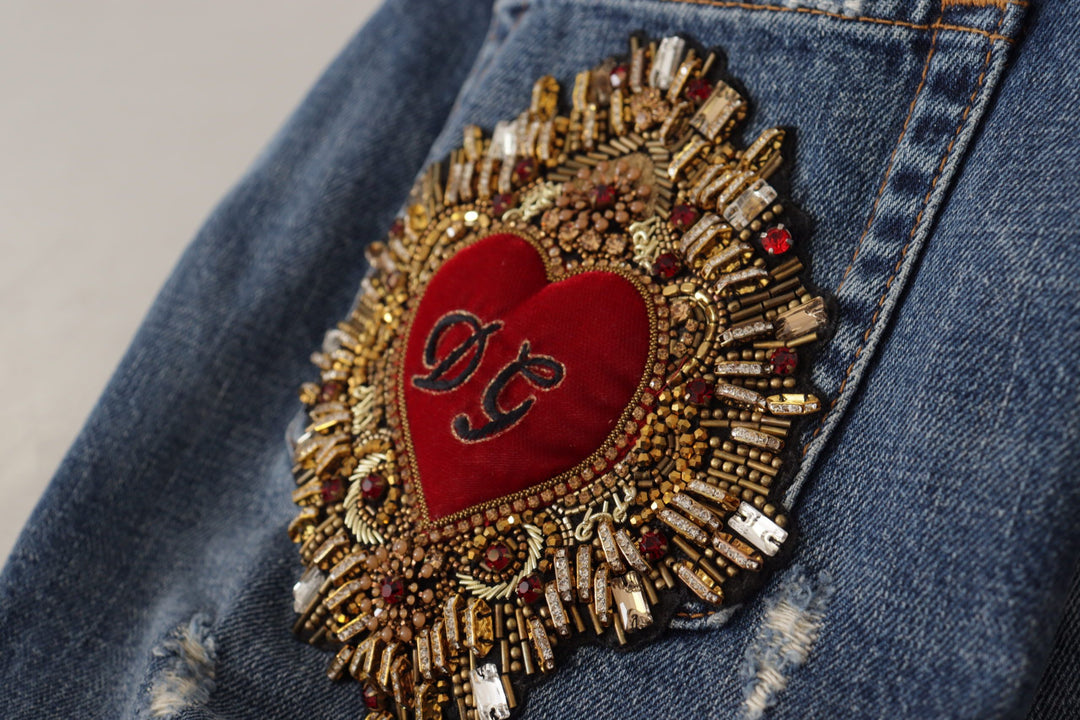 Dolce &amp; Gabbana Blue Denim Baroque Heart Logo Patch Pants Jeans