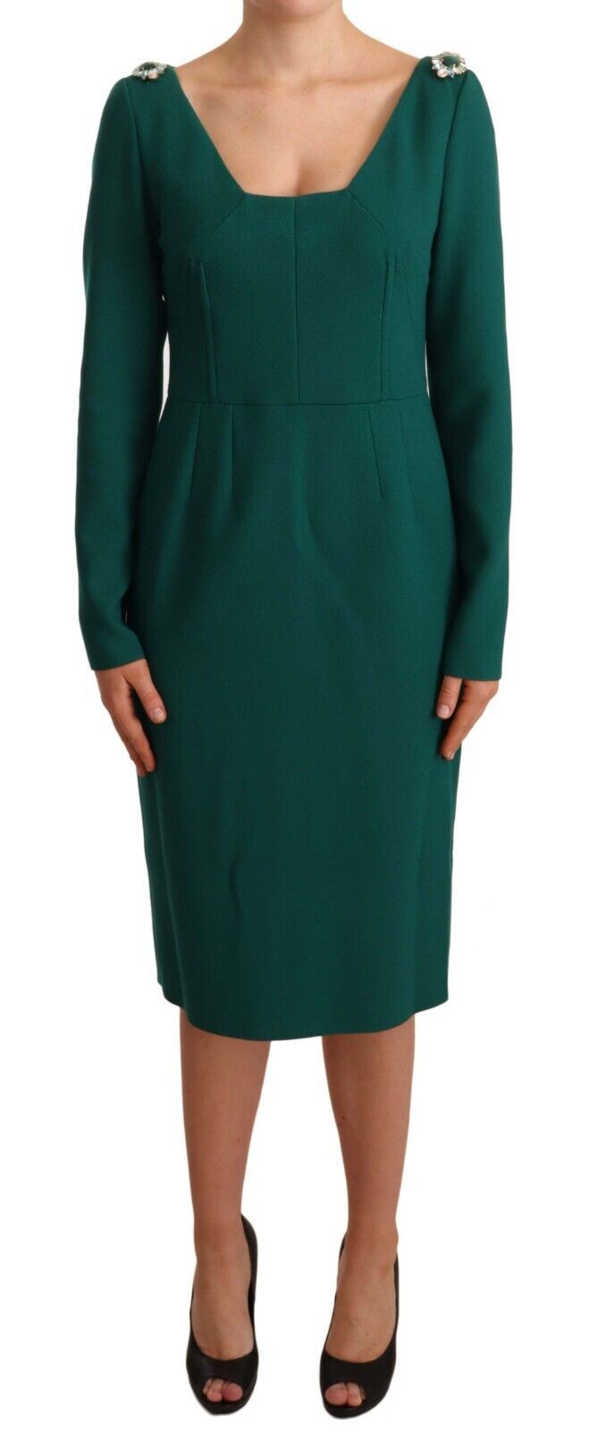 Dolce &amp; Gabbana Green Stretch Crepe Crystal Midi Dress women’s dress