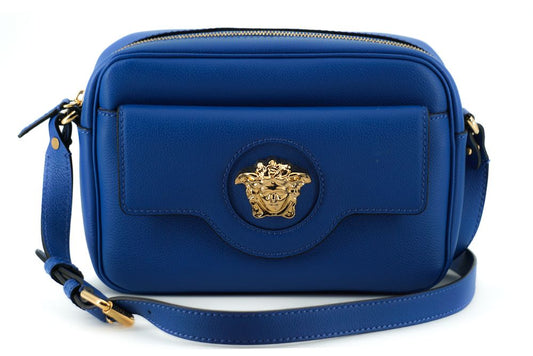 Estuche para cámara Versace elegante de piel de becerro azul de lujo