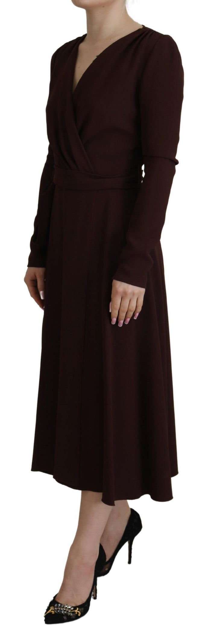 Dolce &amp; Gabbana Brown Wrap Long Sleeve Midi Stretch Dress