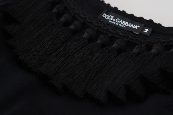 Dolce &amp; Gabbana Black Tank Top Blouse Tassle Cotton Blouse