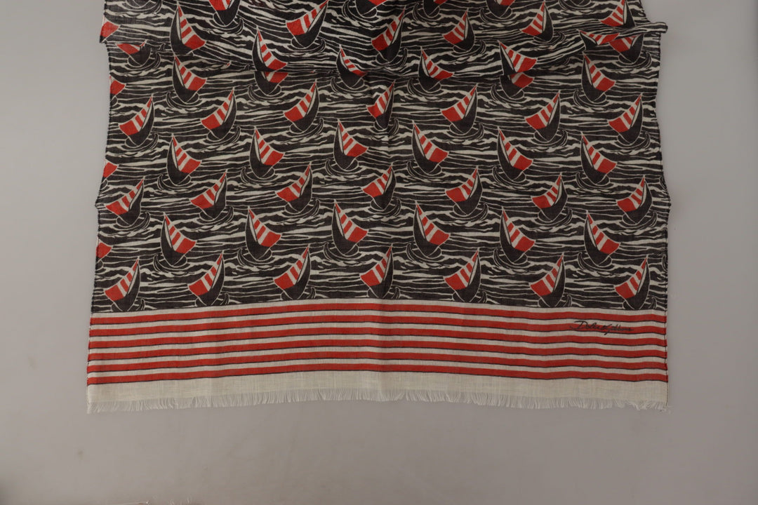 Dolce &amp; Gabbana Black Red Linen Sailboat Stripe Print Shawl Scarf