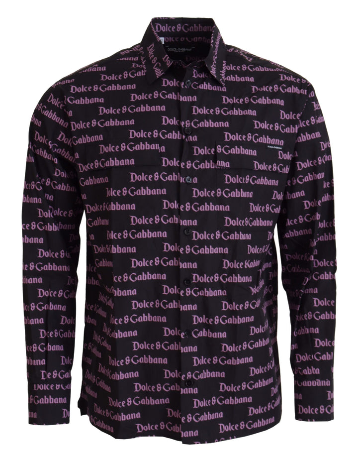 Dolce &amp; Gabbana Black Purple Logo Slim Dress Formal Shirt