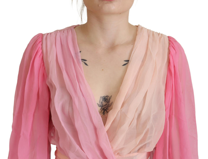 Dolce &amp; Gabbana Pink Silk Wrap Long Sleeves Blouse Top