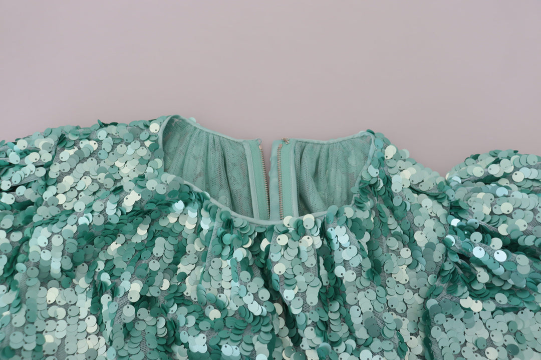 Dolce &amp; Gabbana Blue Sequined Pleated Aline Midi Nylon Dress